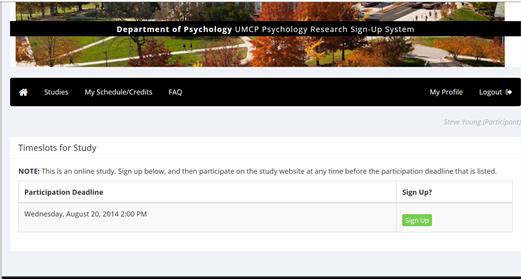 Signing up for study Time slots